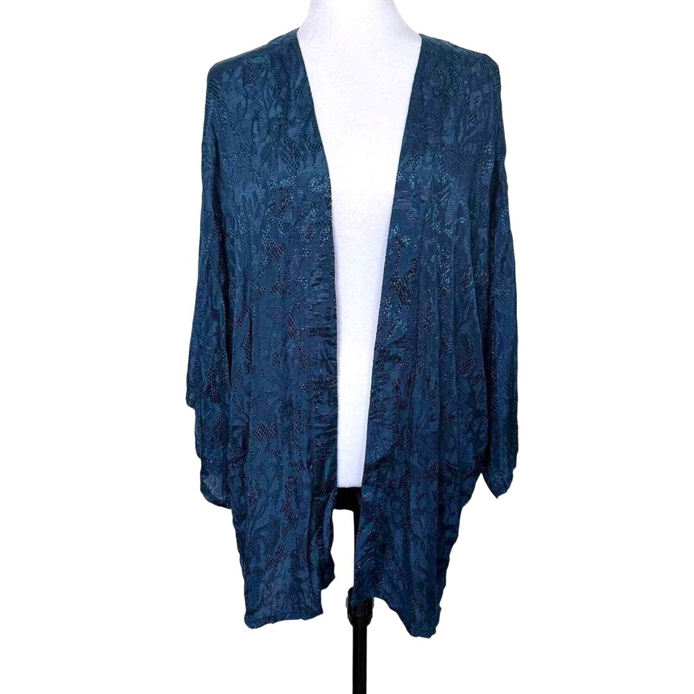 Junarose Blue Wing Teal Floral Jacquard Open Front‎ Kimono Cardigan Medium New